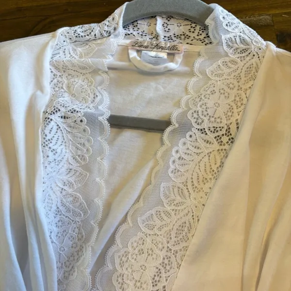 Linea Donatella White Lace Trim Wrap Robe Bridal Shower Nightgown S M Soft Cozy - Image 5
