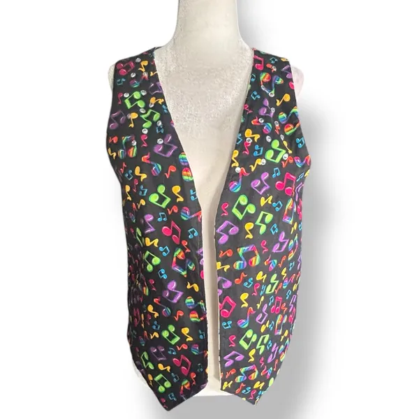 Vintage Handmade Reversible‎ Rainbow Music Note Vest Black White Colorful Notes Size M - Image 4