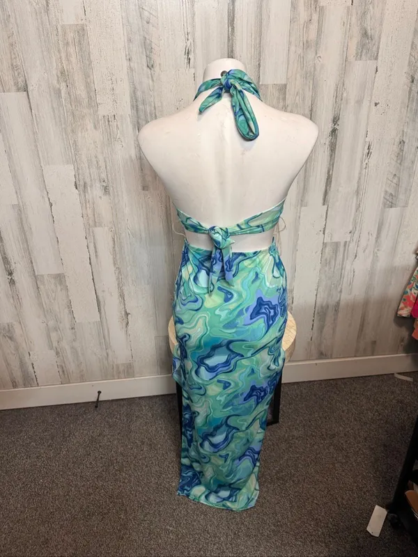 Haute Monde Cutout Maxi Dress Womens Small Blue Green Swirl O-Ring Halter Neck - Image 9