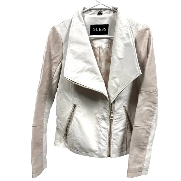 Guess Pink White Faux Leather Moto Jacket Gold Exposed Zipper Womens Small - Image 12
