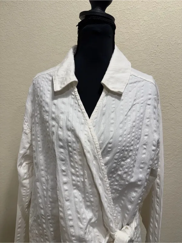 Free People FP Beach Indie White Textured Wrap Shirt Tie Waist Top Large - Image 4