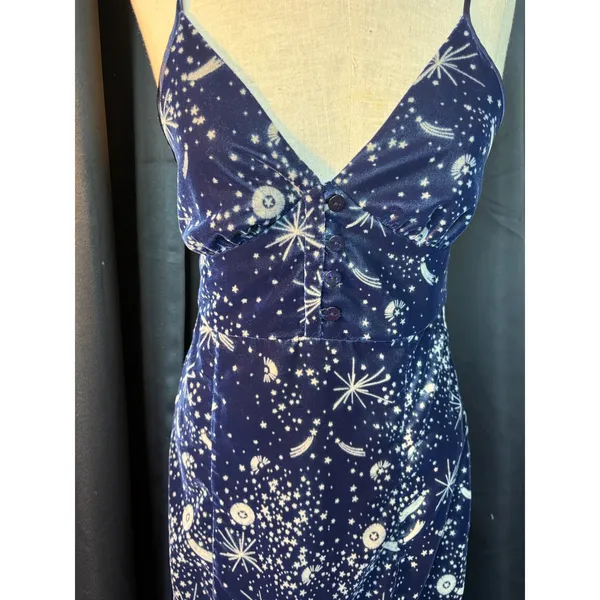 Celestial Navy Blue‎ Velvet Star Print Midi Dress V-Neck Slit Small - Image 5