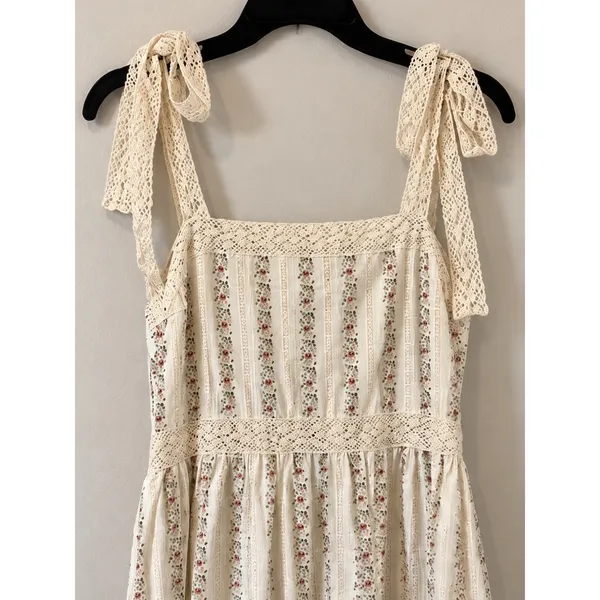 Cream Floral Cotton Maxi Dress Lace Tie Cottagecore Tiered Ruffle M - Image 7