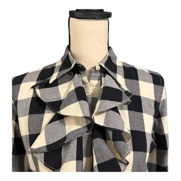 Lauren Ralph Lauren Womens Black Cream Buffalo Plaid Ruffle Button Down Top Sz M - Image 2