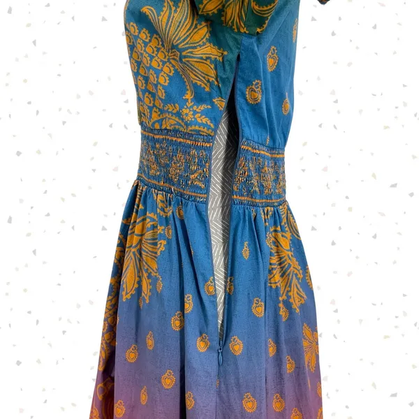 Farm Rio Smocked-Waist Dress Anthro Paisley Long Sleeve Boho Jewel Tone Size S - Image 5