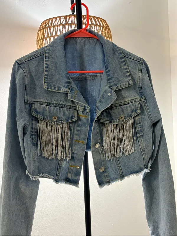 Cropped Fringe Denim Jacket - Image 2