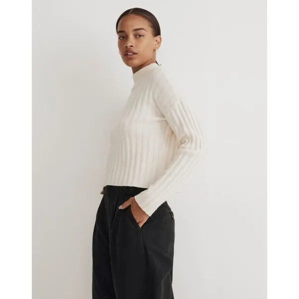 Madewell Antique Cream Ribbed Mockneck Crop Sweater Boxy Knit Pullover Wool Sz M - Image 2