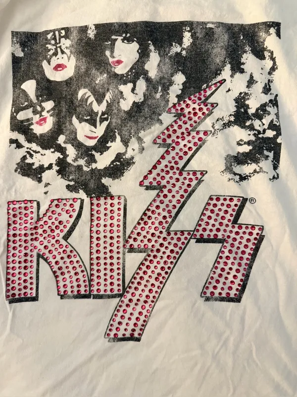 Kiss White Short Sleeve Tee Pink Rhinestone Logo Lightning Bolt - Image 3