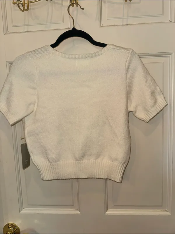 Luna Ivy Cream Strawberry Embroidered Short Sleeve Sweater Top - Image 2