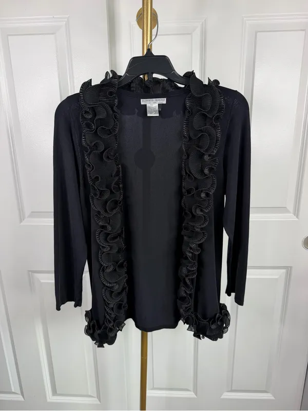 Alberto Makali Size L Black Ruffle Open Front Cardigan Sweater NWOT - Image 2