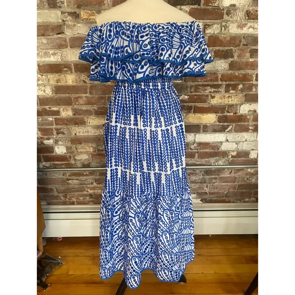 Daphne Lo Blue White Embroidered Off-Shoulder Ruffle Maxi Dress Tiered Cotton L - Image 5