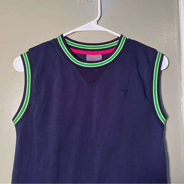 Terez Women's Size XXS‎ Tank Top Navy Blue Lime Green Trim Crewneck Boxy Cotton - Image 2