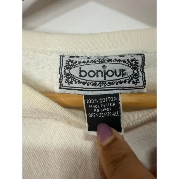 Vintage Bonjour Basic Label Pullover Sweatshirt Cream Graphic Made in USA L - Image 6