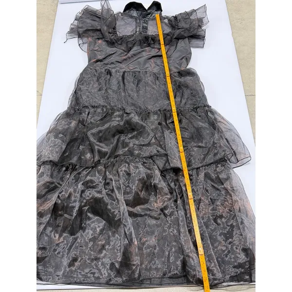 Wednesday Addams Gothic Tiered Maxi Dress Black Sheer Organza Ruffle Gown broken - Image 5