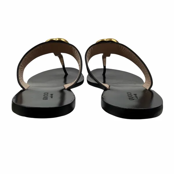 Gucci Black Leather Thong Sandal Gold Double G Logo Size 37 - Image 8