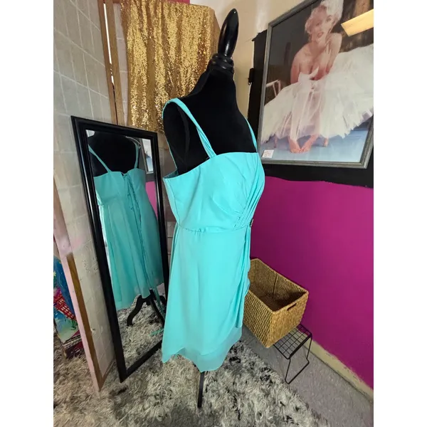Aqua Blue Pleated Rhinestone Brooch Corset Back‎ Formal Cocktail Dress Size 10 - Image 7