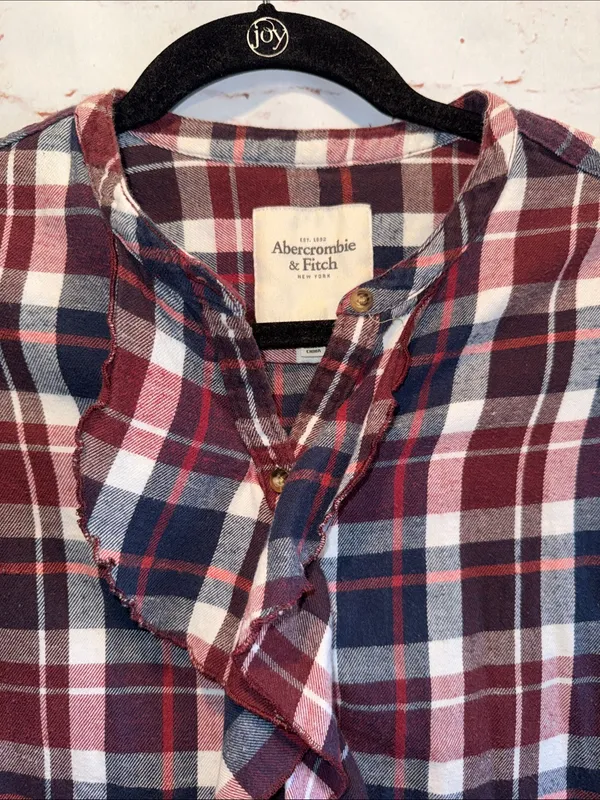 Abercrombie & Fitch Red Navy Plaid Ruffle Button-Down Shirt XS cotton - Image 2