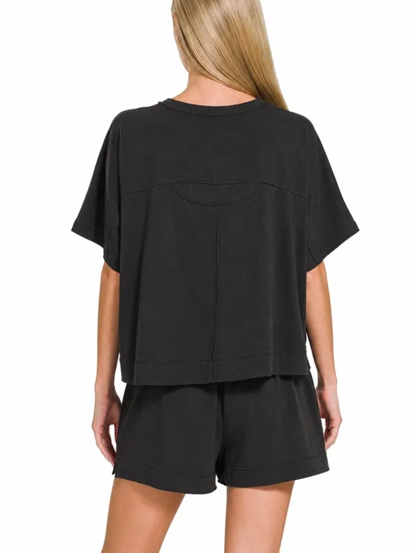 Zenana NEW Black Exposed Seam Boxy Top & Shorts Set – Medium - Image 2