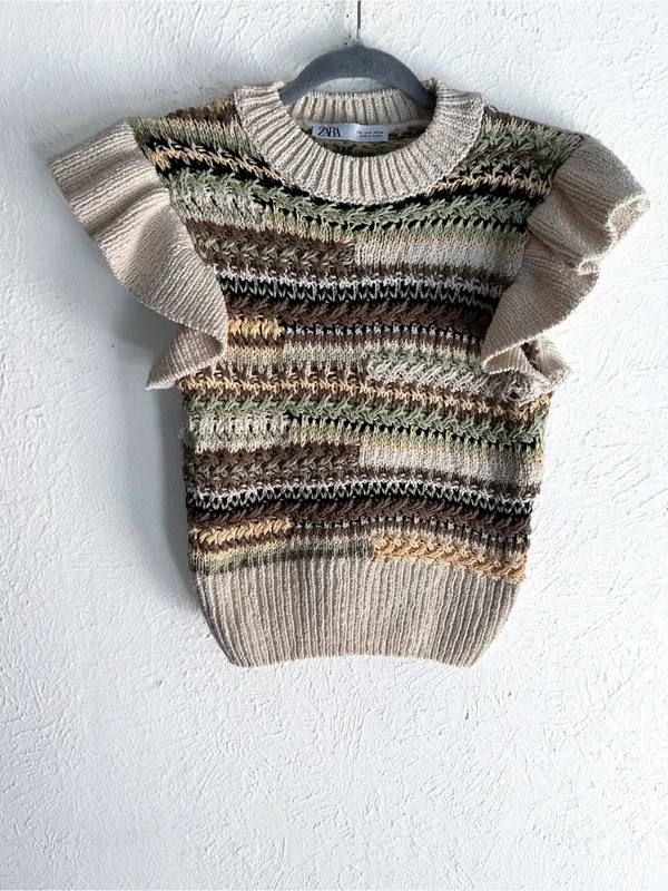 Zara Flutter Sleeve Knit Sweater Vest Striped Cottagecore Fall Small - Image 3