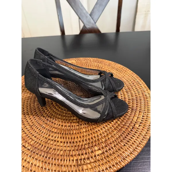 Easy Street Alive 5 Black Glitter Meshi Peep Toe Kitten Heel Pumps Evening Shoes - Image 2