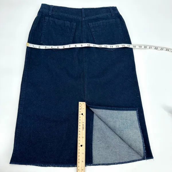 London Jean Skirt Womens 4 Dark Blue Denim Y2K 90s Low/No Waist Double Slit VTG - Image 7