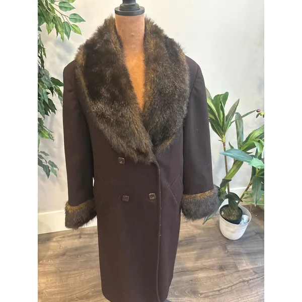 Vintage JP 1893 Women's Wool Brown‎ Faux Fur Trim Double Breasted Coat Size 8 - Image 2