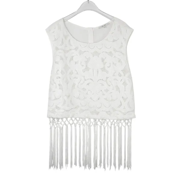 Miss Me White Lace Crochet Tassel Fringe Sleeveless Top Size Large - Image 3