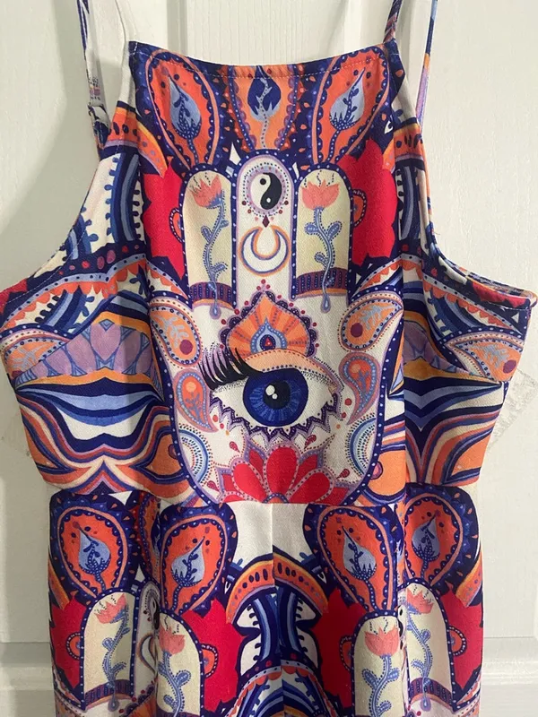MINKPINK Spaghetti-Strap Mini Romper in Red, Blue & Orange - Image 4
