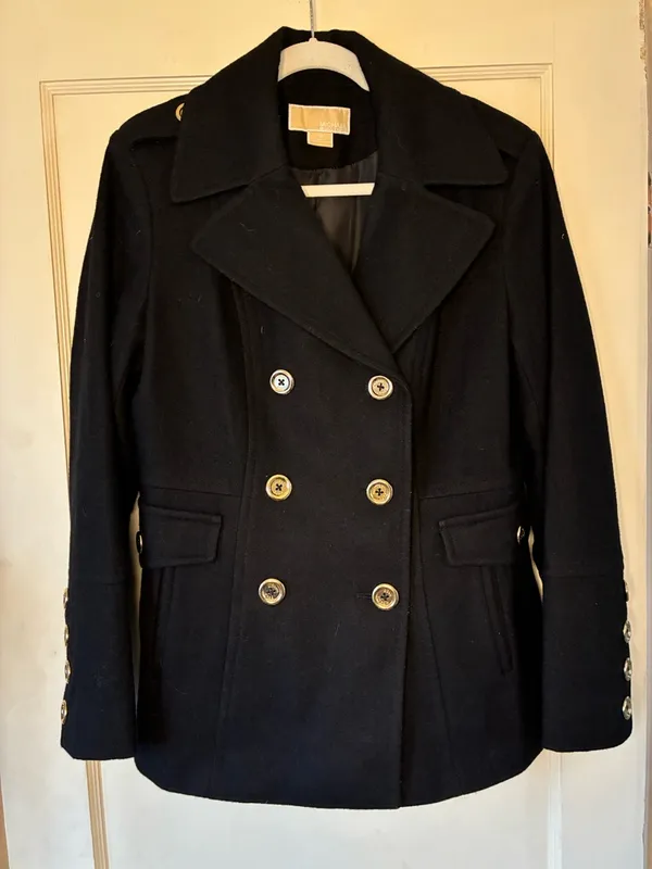 Michael Kors Women’s 12 Black Wool Pea Coat Jacket Gold Buttons Double Breasted - Image 2