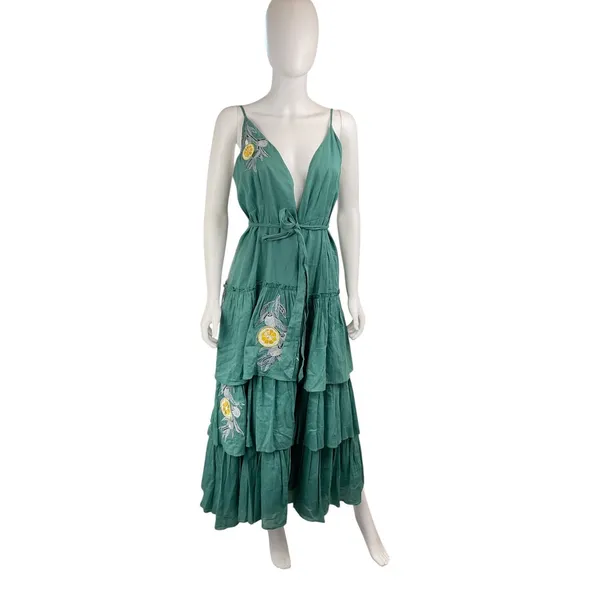Anouk Grewal‎ Green Maxi Dress Embroidered Lemon Tiered Sleeveless Medium - Image 3