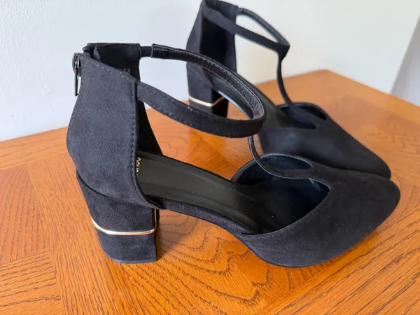 Avenue Black Suede Block Heel With Gold Accents  - Image 2