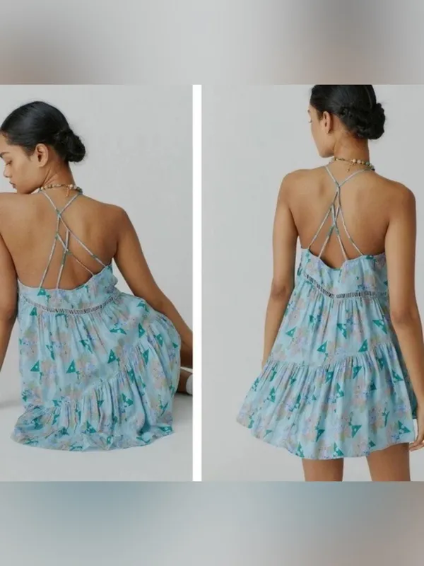 Urban Outfitters Georgia Tiered Mini Boho Floral Dress Blue Motif SZ XS - Image 2