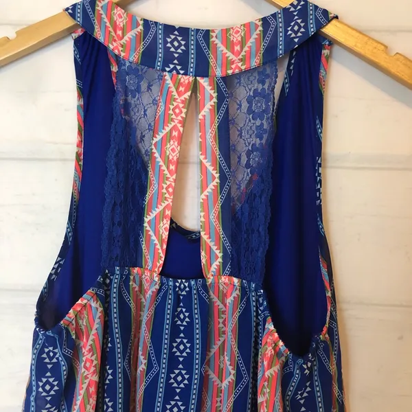 Umgee boho sleeveless striped Aztec print lace back keyhole flowy mini dress - Image 3