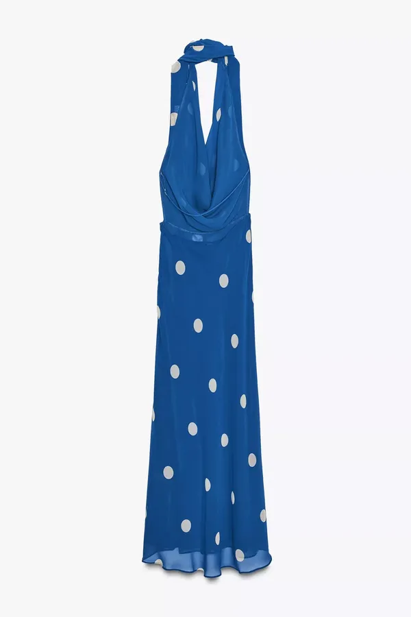 Zara Blue Polka Dot Halter Dress scarf open back maxi long evening party wedding - Image 9