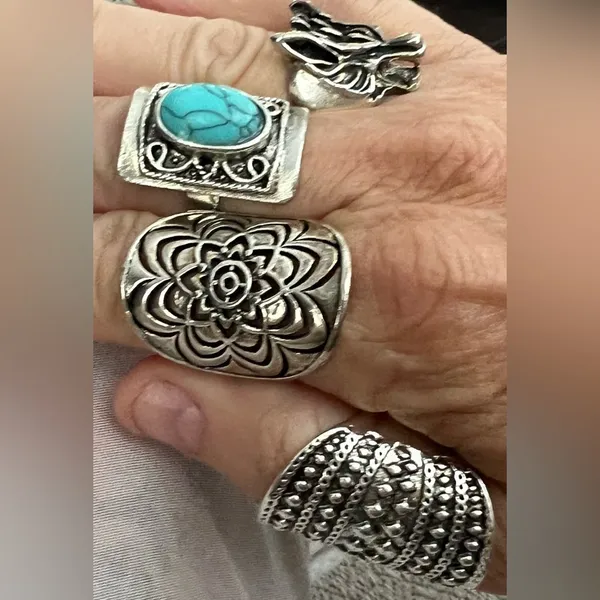 Turquoise Silvertone Ring Native Style Blue Fashion Rings Gemstone Plated Navajo - Image 4