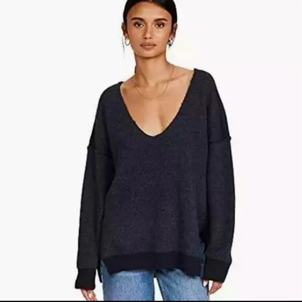Free People Sweater Weather Dark Gray Oversized V-Neck Sweater - Image 3