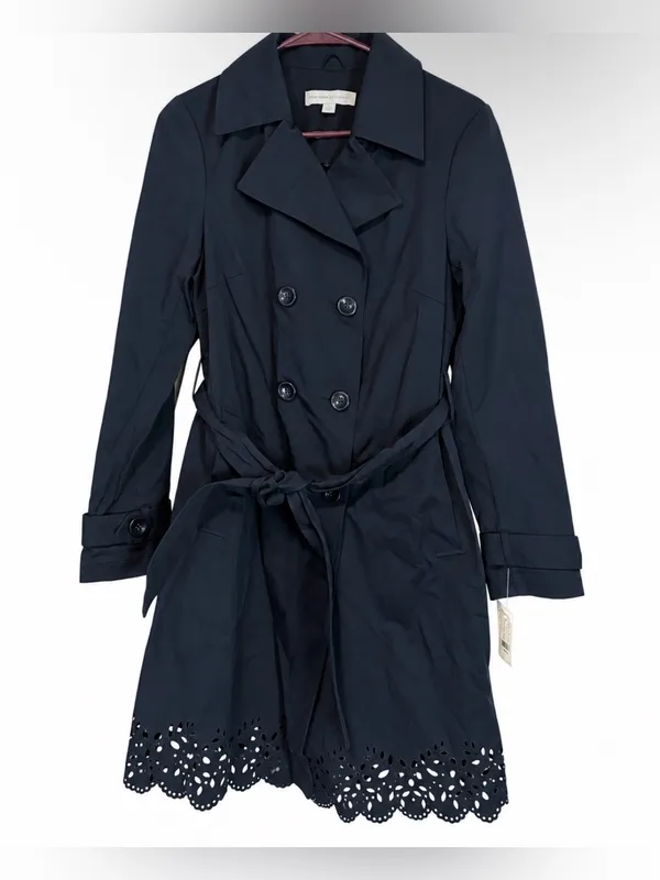 New York & Company Navy Belted Trench Coat Floral Eyelet Scalloped Hem size m - Image 2