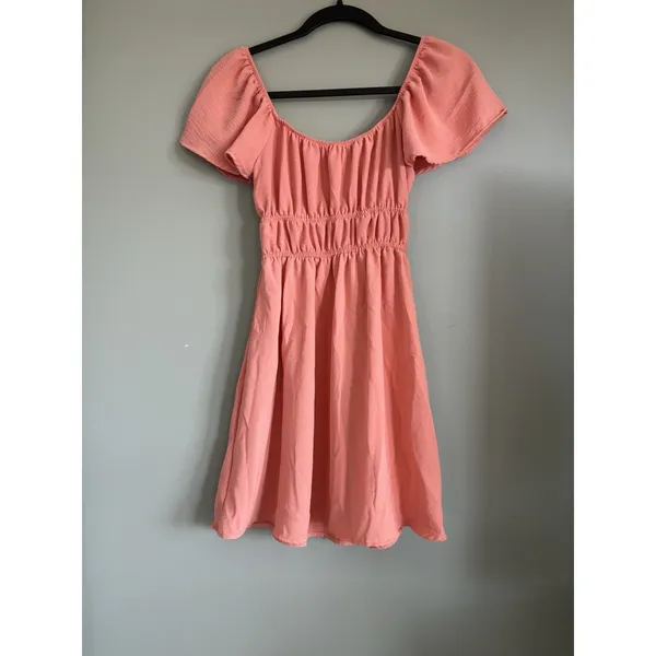 Altar'd State Women's Pink Smocked Waist A-Line Dress Scoop Neck Puff XS - Image 5