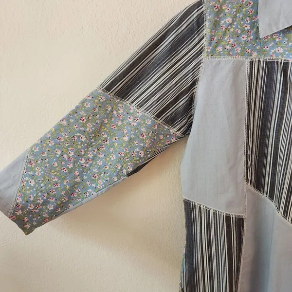ANTILIA 3/4 Sleeve Floral Stripe Patchwork V-Neck Blouse Top Sz S Cottagecore - Image 5
