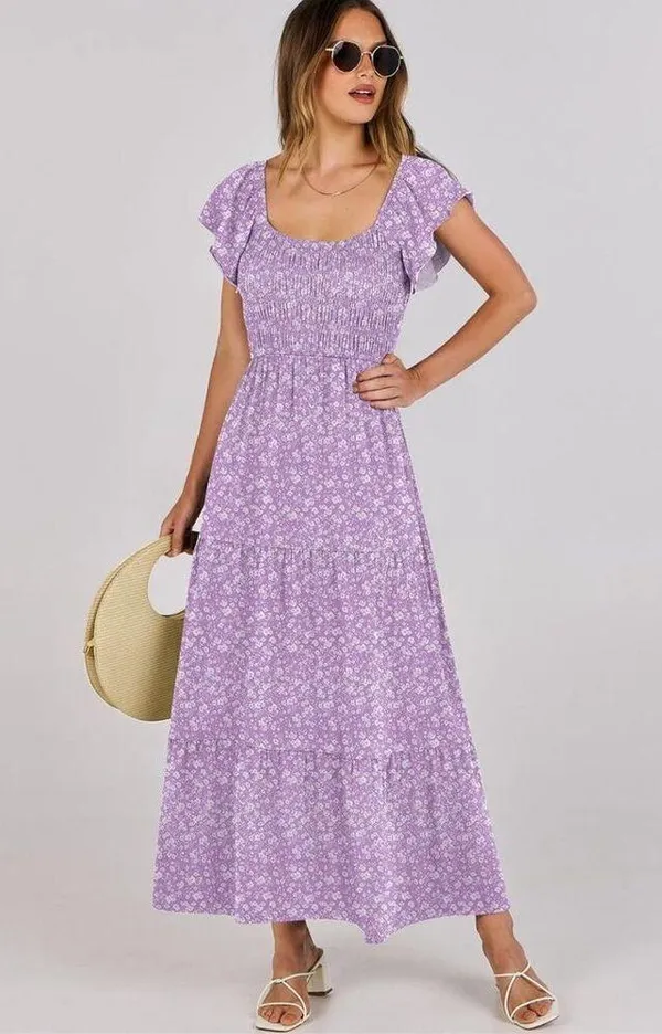 NEW Flutter Sleeve Scoop Neck Smocked Tiered A Line Flowy Maxi dress S - Image 5