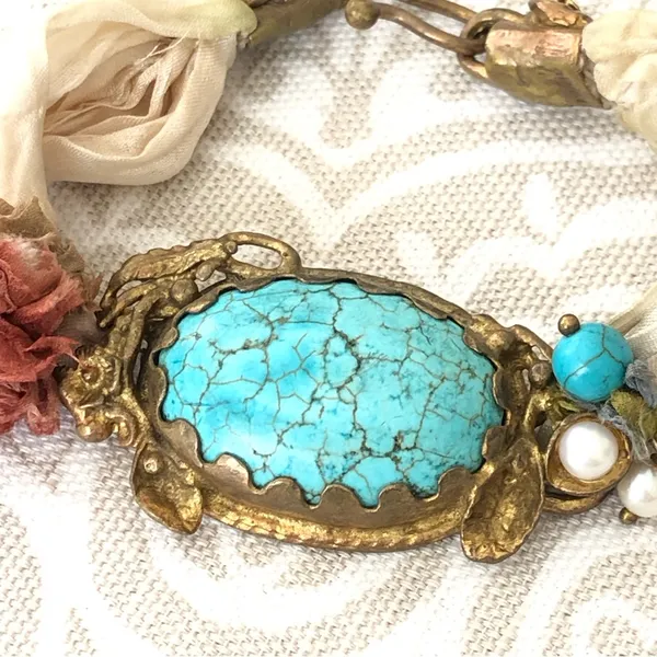 GYPSY Bohemian Turquoise /Brass/Silk Bracelet - Image 2