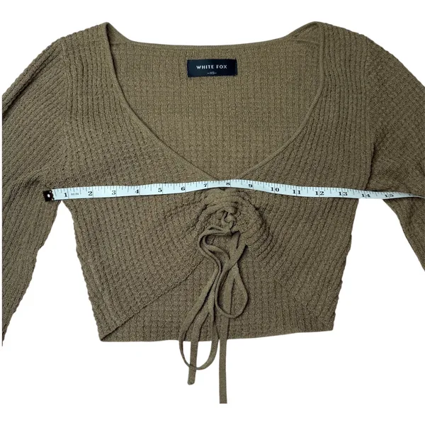 White Fox Brown Ribbed Lace Up Crop Top‎ Balloon Sleeve Size XS Minimalist Basic - Image 7