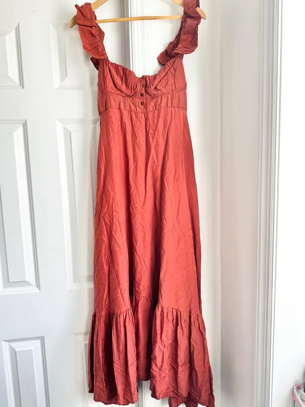 Farm Rio Ruffle-Sleeve Rust Midi Dress - Image 6