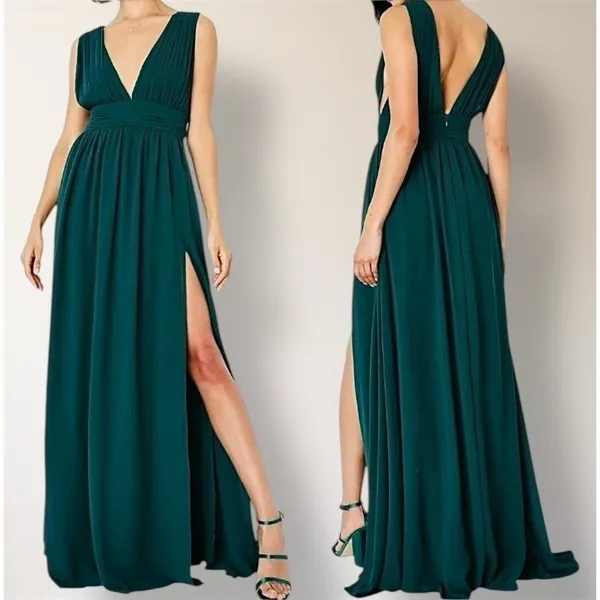 Lulus Heavenly‎ Hues Green Maxi Dress Pleated Deep V Slit Autumn Wedding Guest - Image 2
