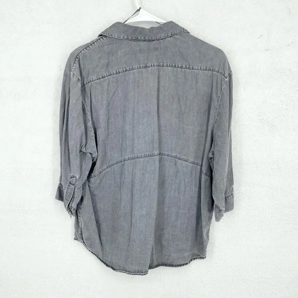 Zara Blouse Women Size XS‎ Gray 3/4 Sleeve deep V Neck Polyester Hemmed Collared - Image 3