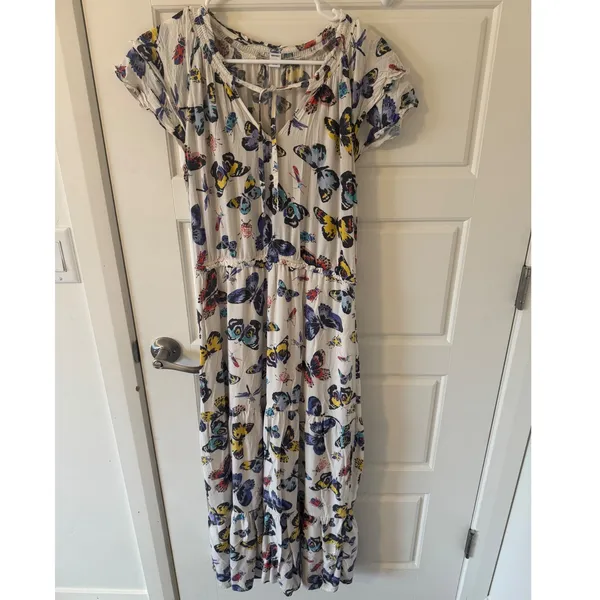 Old Navy Sz M Womens White Butterfly Print Tiered Maxi Dress Whimsical Feminine - Image 3