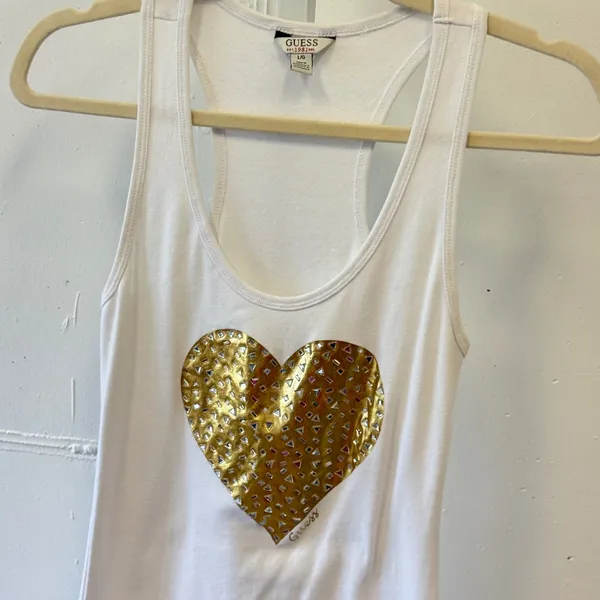 Guess White Gold Metallic Heart Studded Racerback Tank Top Large Embellished - Image 3