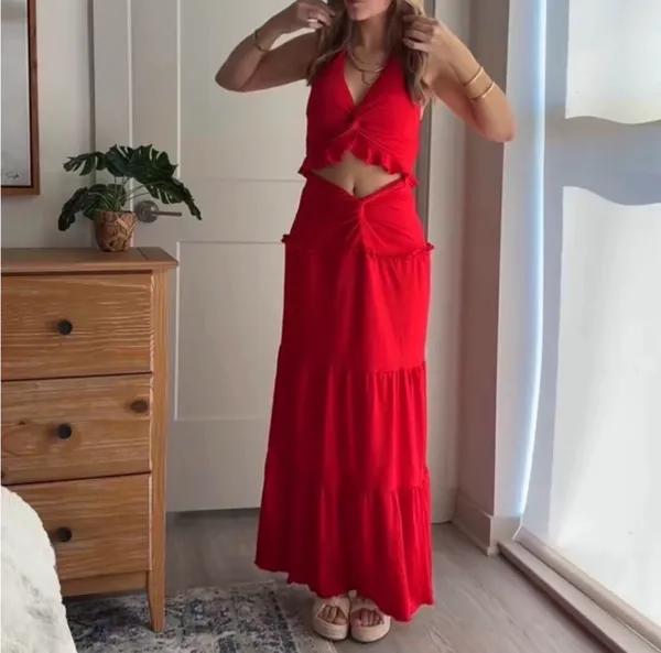 Red Plunge Neck Halter Top and Tiered Ruched Maxi Skirt Set - Image 7