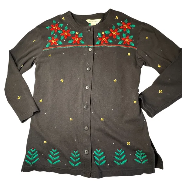 Bechamel Black Knit Button Christmas Cardigan Womens Small Poinsettia VTG FLAW‎ - Image 15