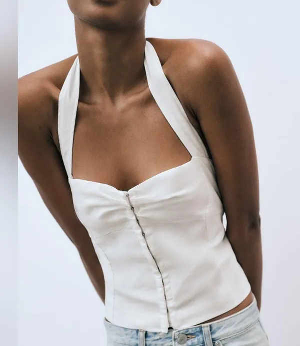 Zara white ruched halter neck open back hook closure front top - Image 4